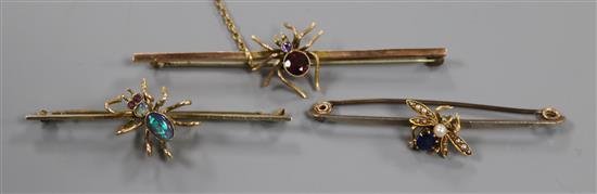 An Edwardian 9ct gold, opal and gem set spider bar brooch, one other similar yellow metal and gem set bar brooch and one other.